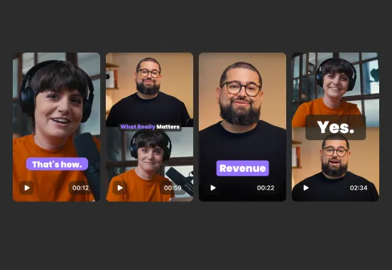 Four video thumbnails showing two people, a woman and a man, each speaking with text overlays: 'That's how.', 'What Really Matters', 'Revenue', and 'Yes.'